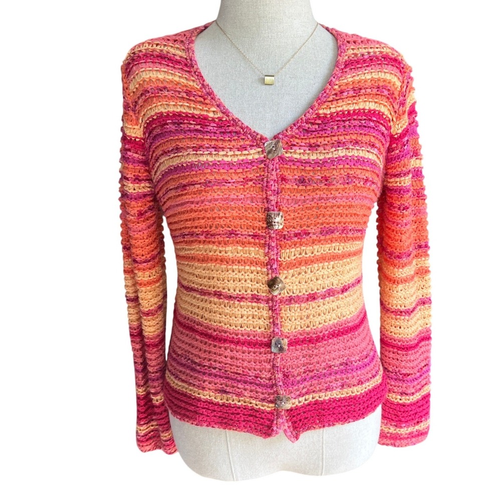 Vintage Coldwater Creek Cardigan Sweater Small Pink Orange Striped Boho Artsy
